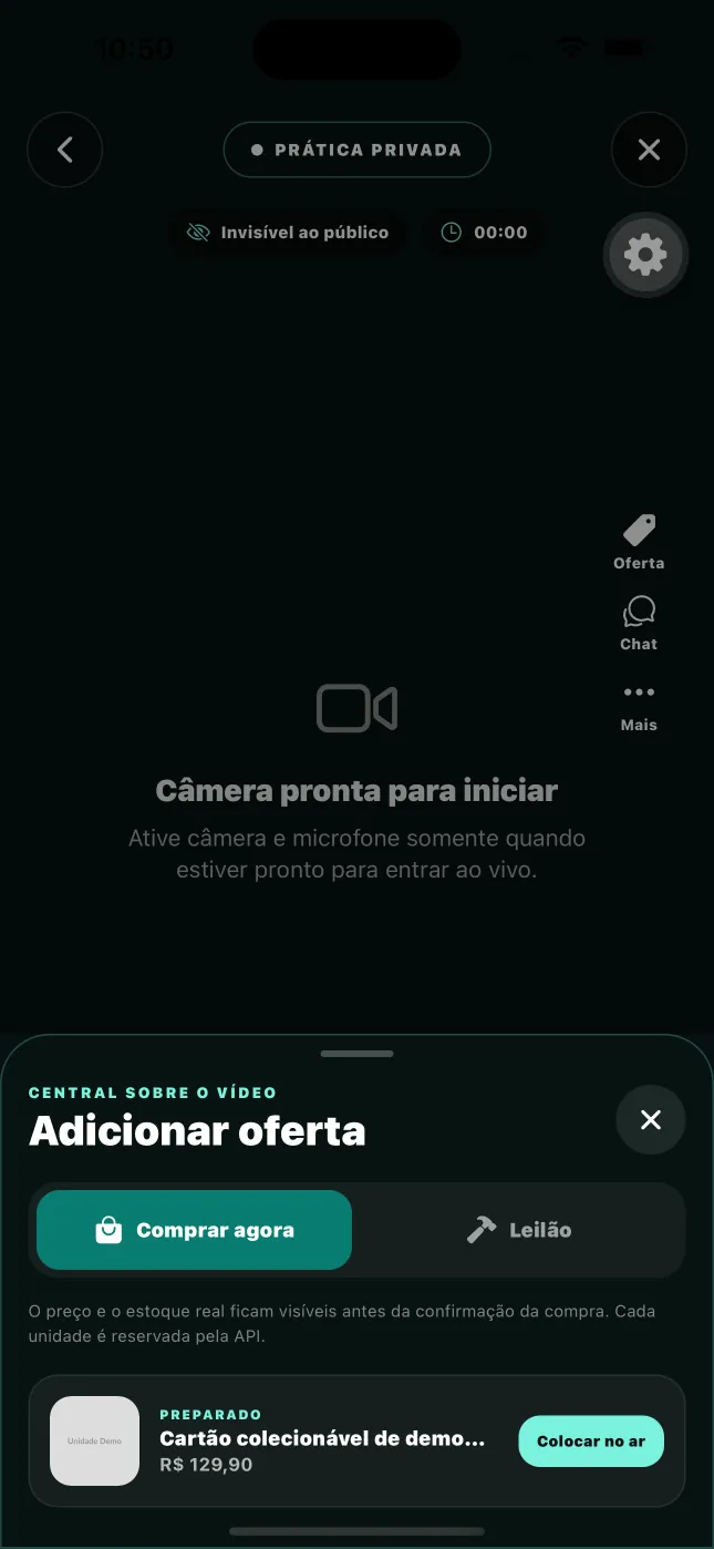 Controles do vendedor para adicionar uma oferta durante a live